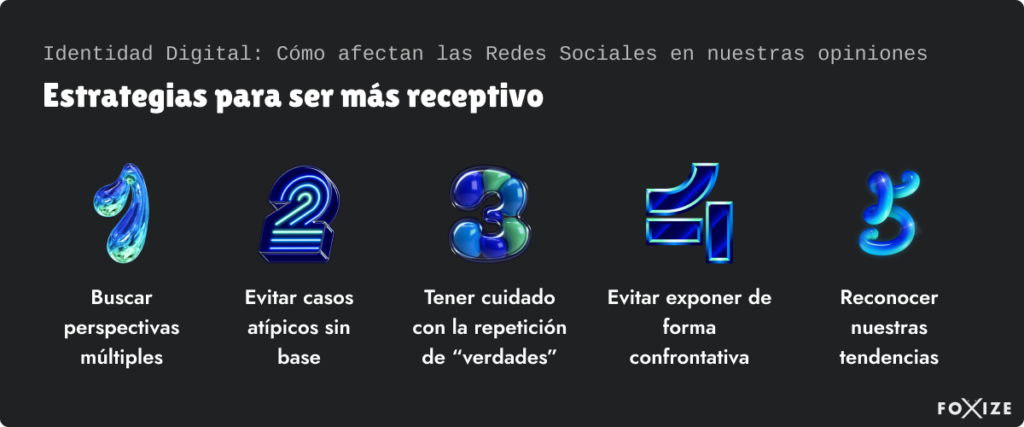 Identidad digital: Estrategias para ser más receptivo en Redes Sociales:
Buscar perspectivas múltiples.
Evitar casos atípicos sin base.
Tener cuidado con la repetición de "verdades".
Evitar exponer de forma confrontativa.
Reconocer nuestras tendendencias.