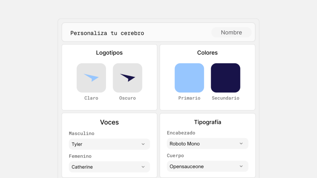 Paso 1: Configurando tu Cerebro Corporativo: Interfaz de configuración de Vidext mostrando las opciones para cargar el logotipo corporativo, definir la paleta de colores y las tipografías que componen el "Cerebro Corporativo" para la coherencia de marca.