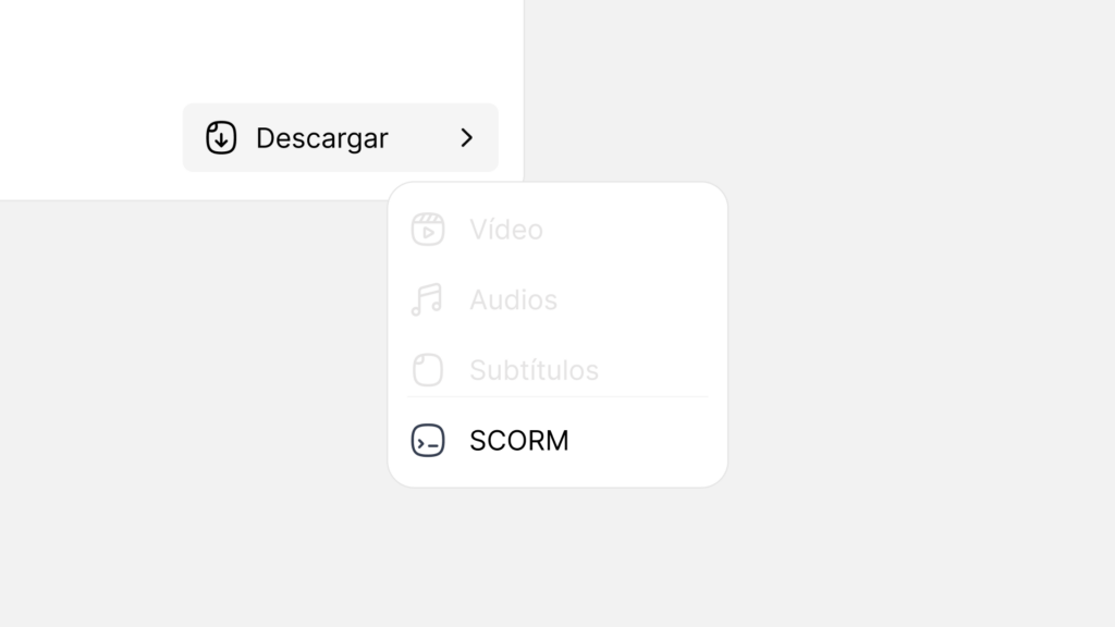 Paso 5: Exportación e Integración con Foxize: Ventana de exportación de Vidext, mostrando las tres opciones principales de formato de salida: SCORM, Enlaces interactivos y MP4, con la opción SCORM seleccionada como ideal para Foxize.