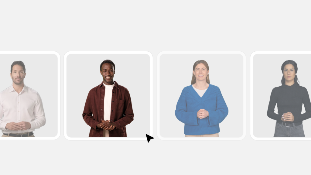 Paso 3: Edición y Personalización con Avatares: Vista del editor de vídeo de Vidext. Se observa un avatar de IA sobre un fondo de diapositiva, junto a paneles de control para seleccionar el estilo (horizontal/vertical), elegir el avatar y realizar ajustes de clonación de voz y edición visual.