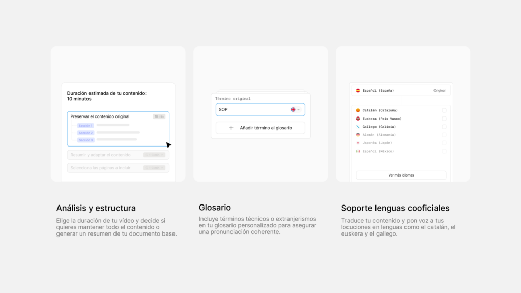 Infografía dividida en tres columnas que explican las funciones de configuración inicial con Inteligencia Artificial. Cada columna incluye una captura de la interfaz y un texto descriptivo abajo. La primera columna, "Análisis y estructura", muestra una sección para elegir la duración estimada del contenido (10 minutos) o generar un resumen del documento base. La segunda, "Glosario", muestra un formulario para añadir términos técnicos o extranjerismos (ejemplo: "SOP") para asegurar una pronunciación coherente. La tercera, "Soporte lenguas cooficiales", muestra un menú de selección de idiomas que incluye Español, Catalán, Euskera, Gallego, Alemán, Japonés y Español (México).